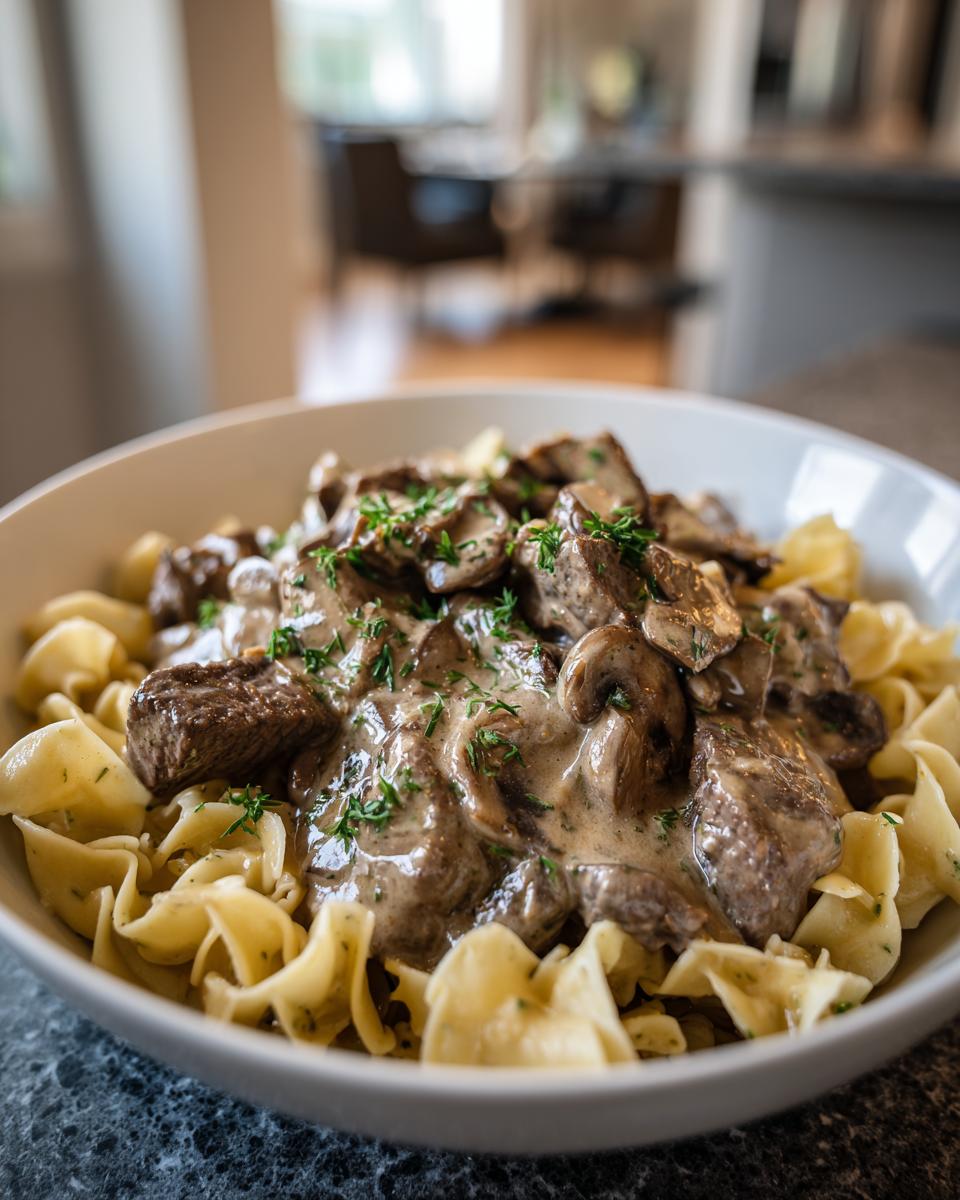 A close-up of a white bowl filled with creamy beef stroganoff and wide egg noodles, garnished with fresh parsley.