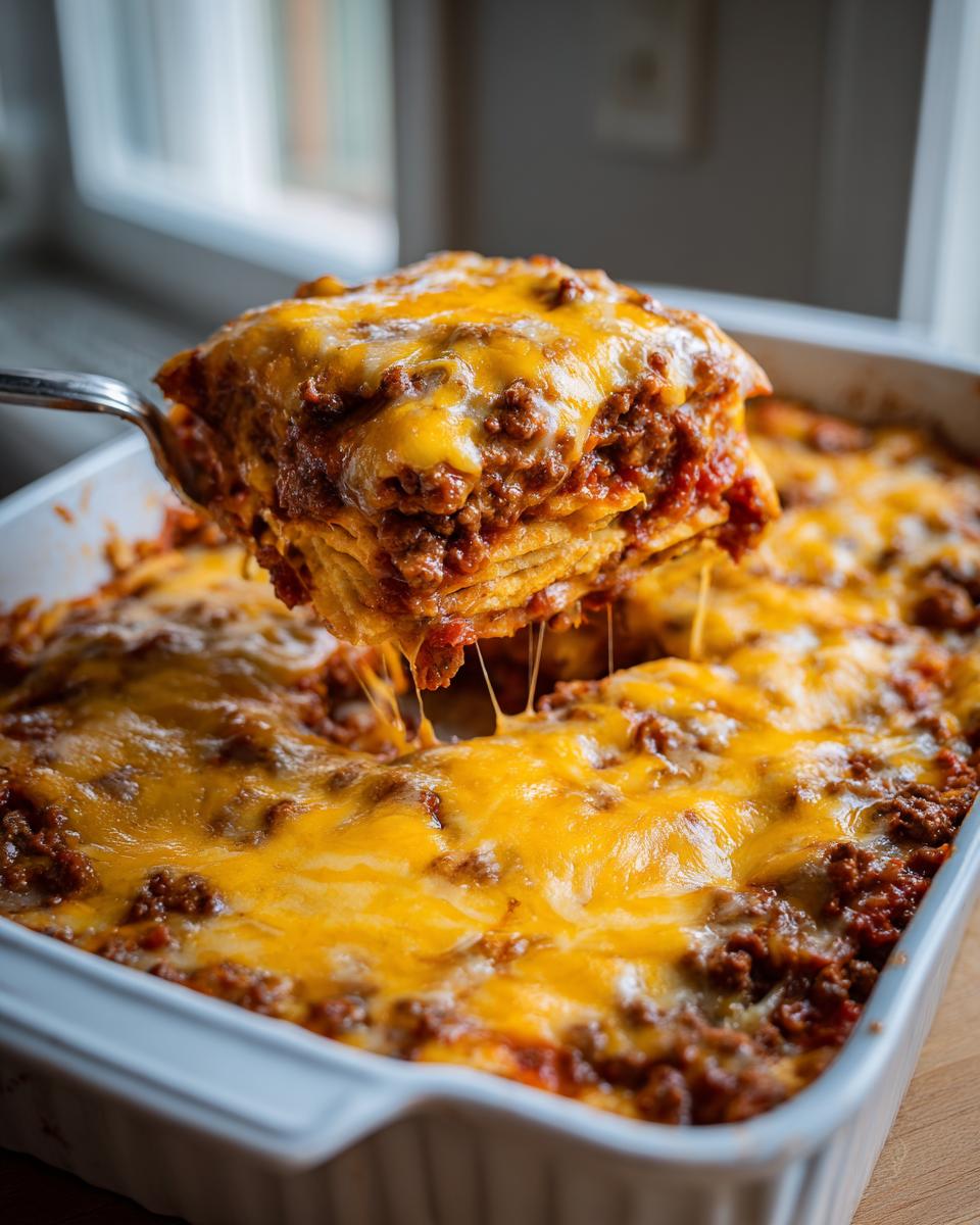 A slice of cheesy beef taco casserole being lifted from a baking dish, showing layers of meat, sauce, and melted cheese.