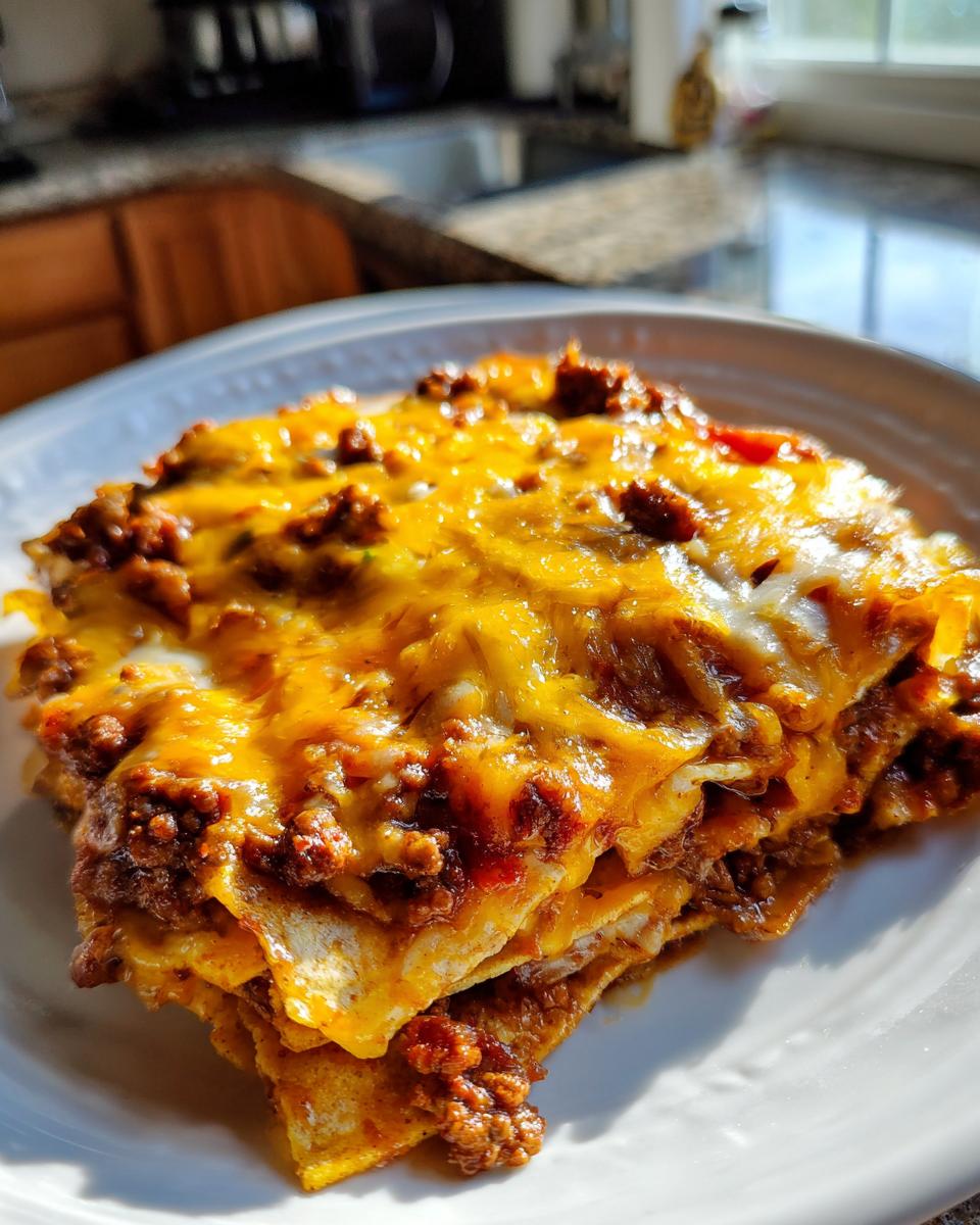A close-up of a hearty slice of beef taco casserole, layered with tortillas, seasoned ground beef, and melted cheese.
