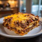 A generous slice of beef taco casserole, layered with seasoned ground beef, cheese, and tortillas, on a white plate.