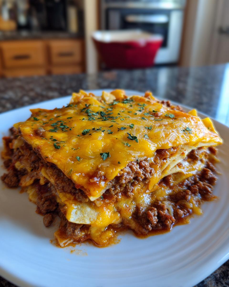 A mouthwatering slice of beef taco casserole, layered with tortillas, seasoned ground beef, and melted cheese, topped with parsley.