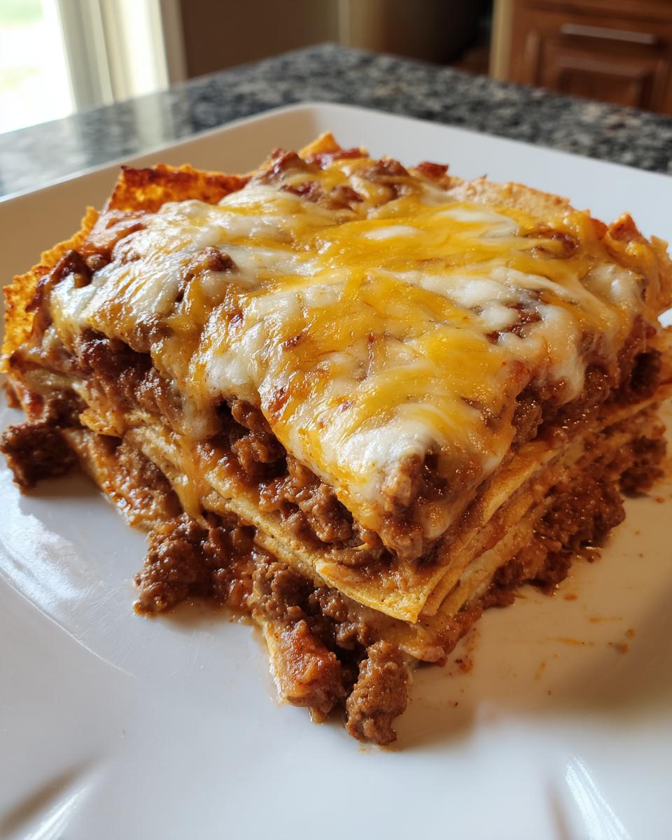 A slice of hearty beef taco casserole topped with melted cheese, showing layers of meat and tortillas.