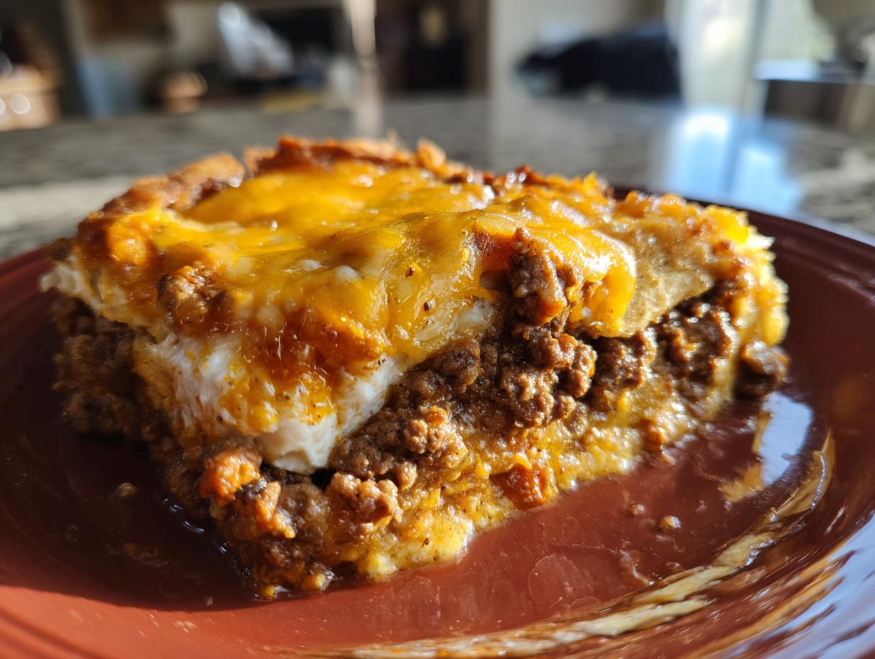 A close-up shot of a hearty slice of beef taco casserole, topped with melted golden cheese.