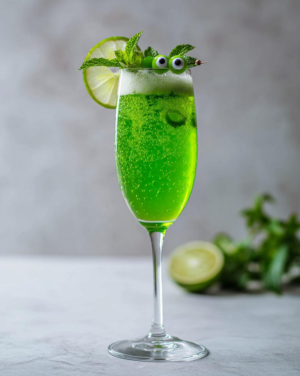 A vibrant green Beetlejuice Prosecco cocktail in a champagne flute, garnished with lime, mint, and googly eyes.