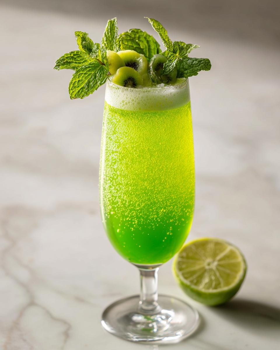 A bright green Beetlejuice Prosecco cocktail garnished with kiwi slices and mint, with a lime half on the side.
