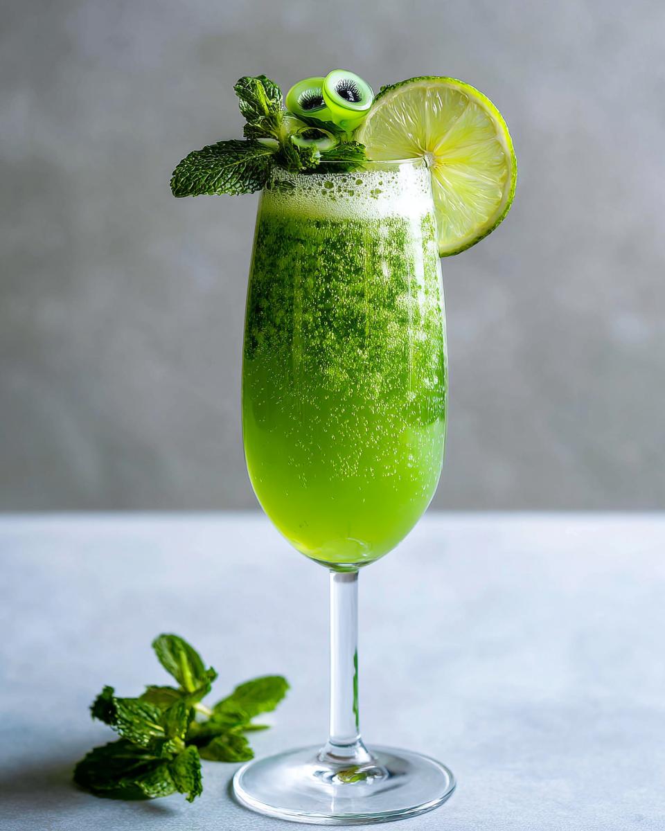 A vibrant green Beetlejuice Prosecco cocktail garnished with lime, mint, and cucumber slices.