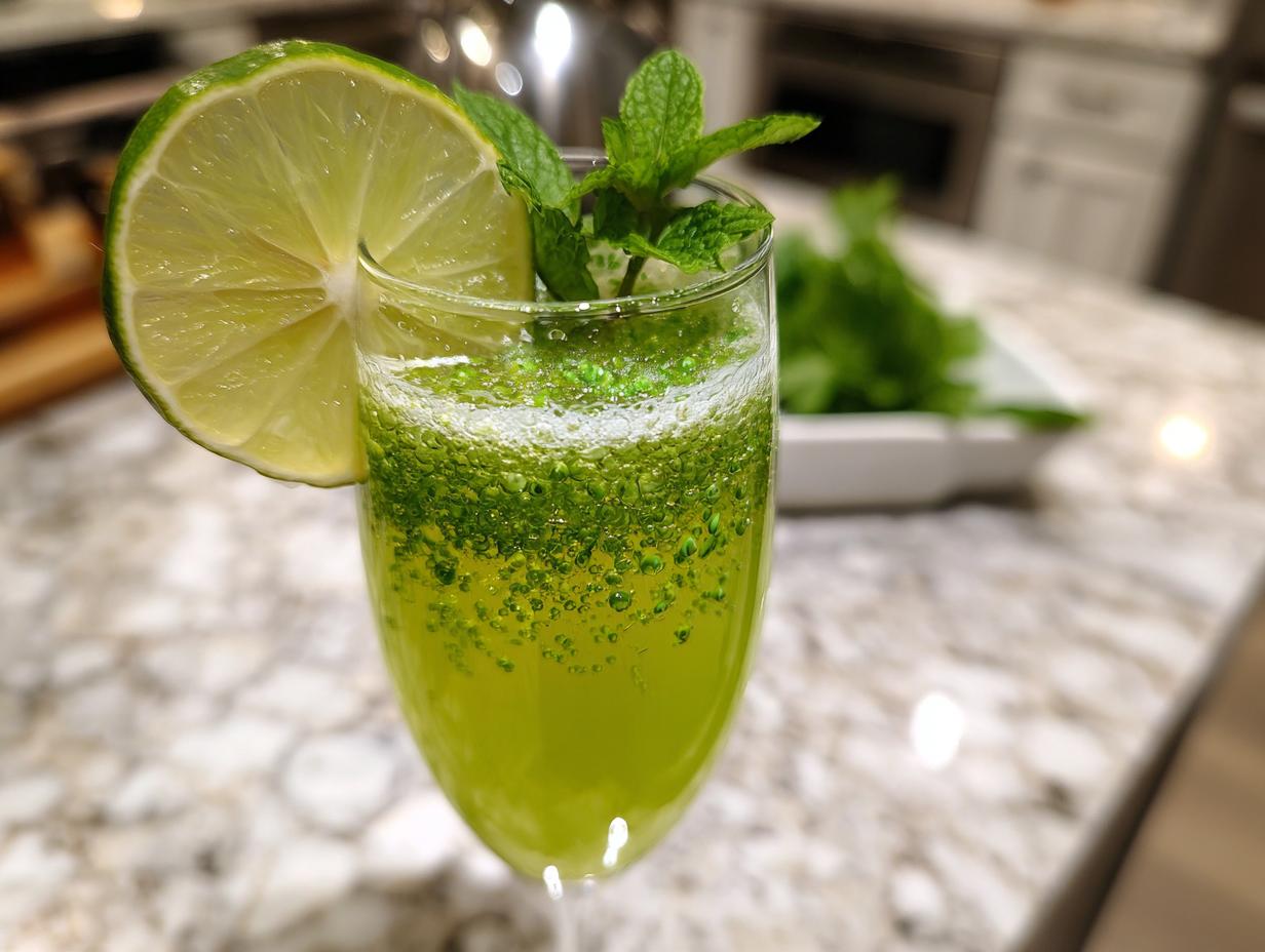 A vibrant green Beetlejuice Prosecco cocktail garnished with a lime slice and fresh mint leaves.