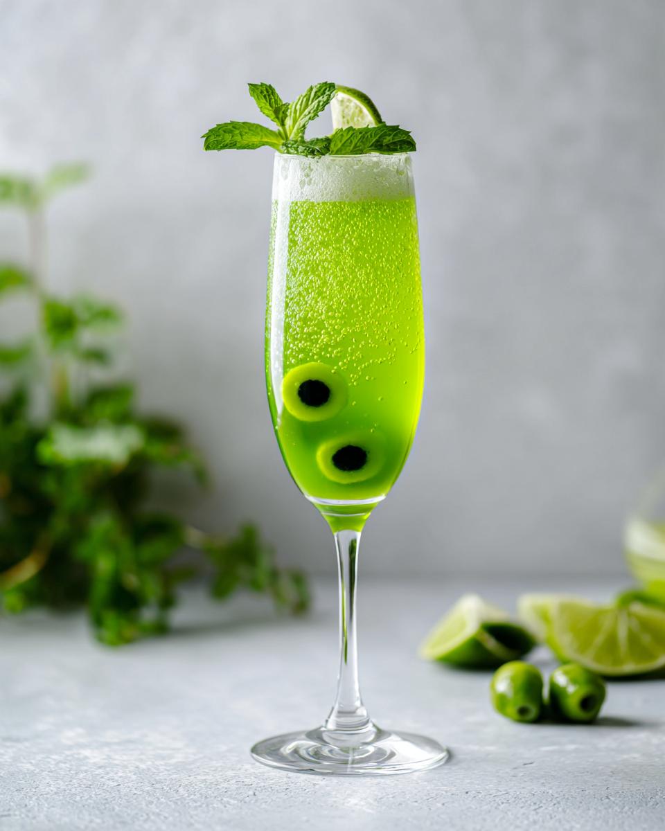 A vibrant green Beetlejuice Prosecco cocktail in a champagne flute, garnished with mint and lime, with olive 'eyes'.