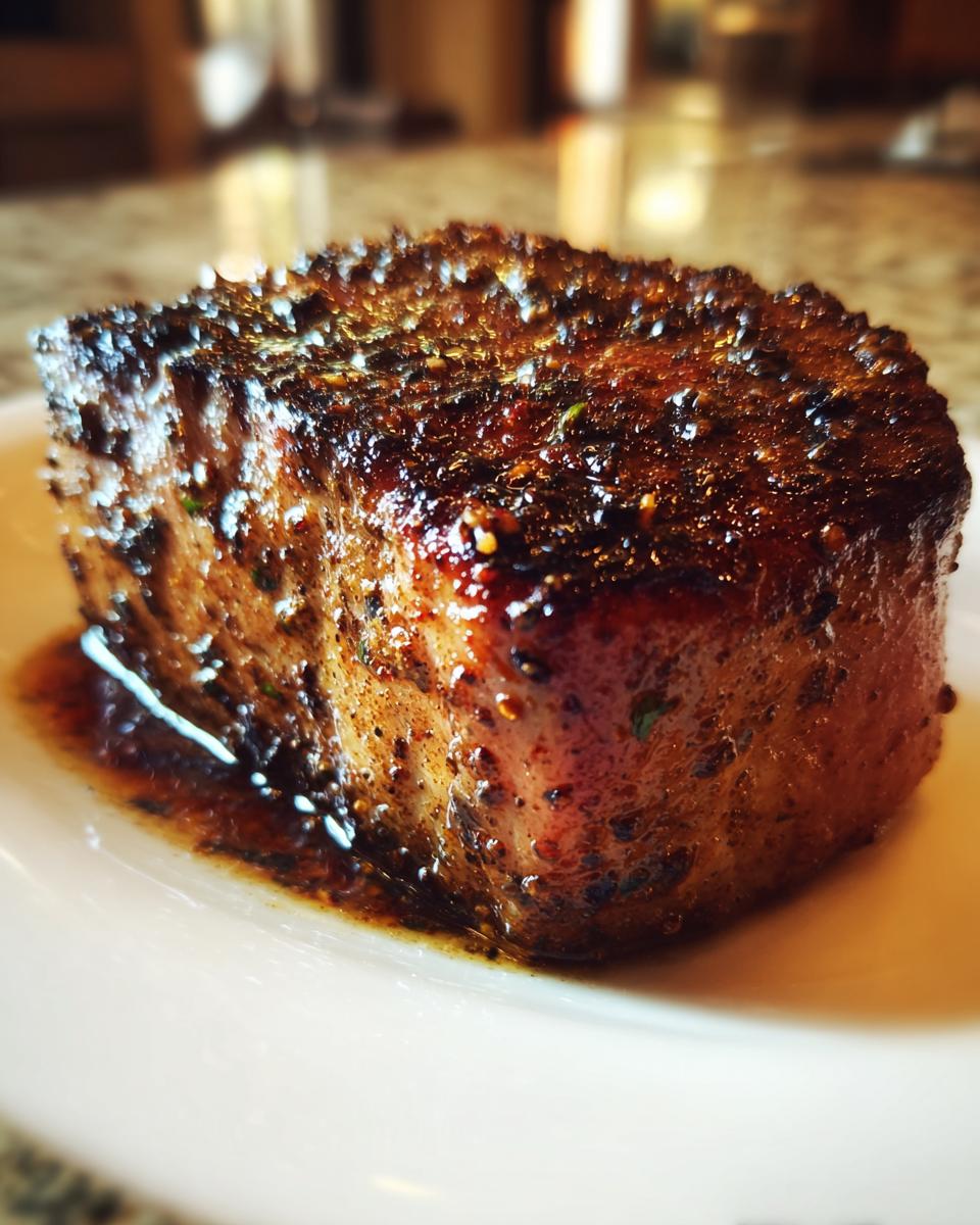 A perfectly cooked, thick blackened tuna steak on a white plate, glistening with juices and spices.