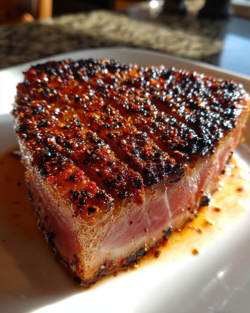 A perfectly cooked, thick slice of Blackened Tuna Steak with a dark, spicy crust, resting on a white plate.