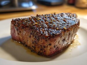 Close-up of a perfectly cooked Blackened Tuna Steak with a dark, seasoned crust and pink interior, resting on a white plate.