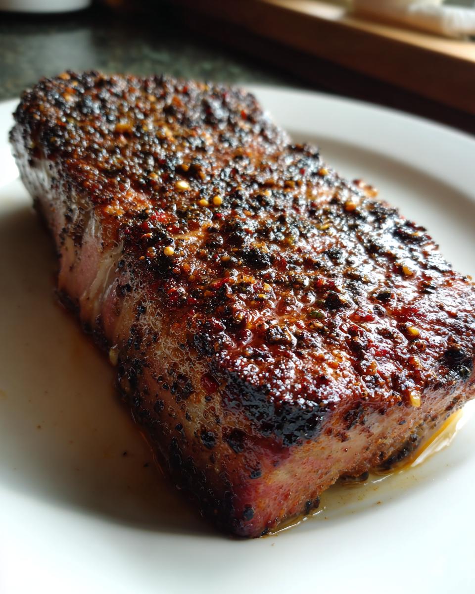 A close-up of a thick, juicy Blackened Tuna Steak on a white plate, with a dark, spicy crust.
