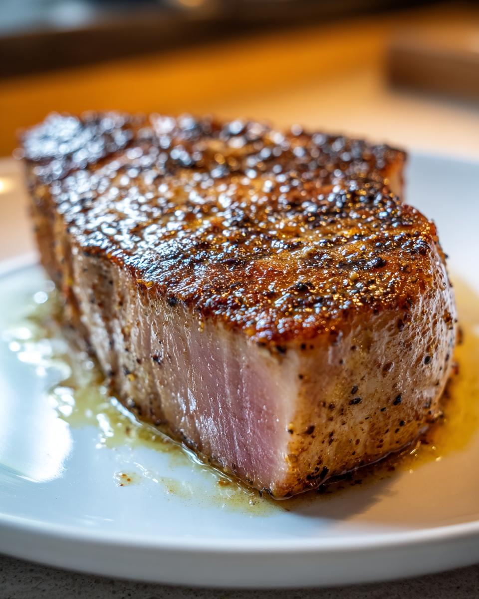 A close-up of a thick, juicy Blackened Tuna Steak, seared to perfection with a dark crust and pink interior.