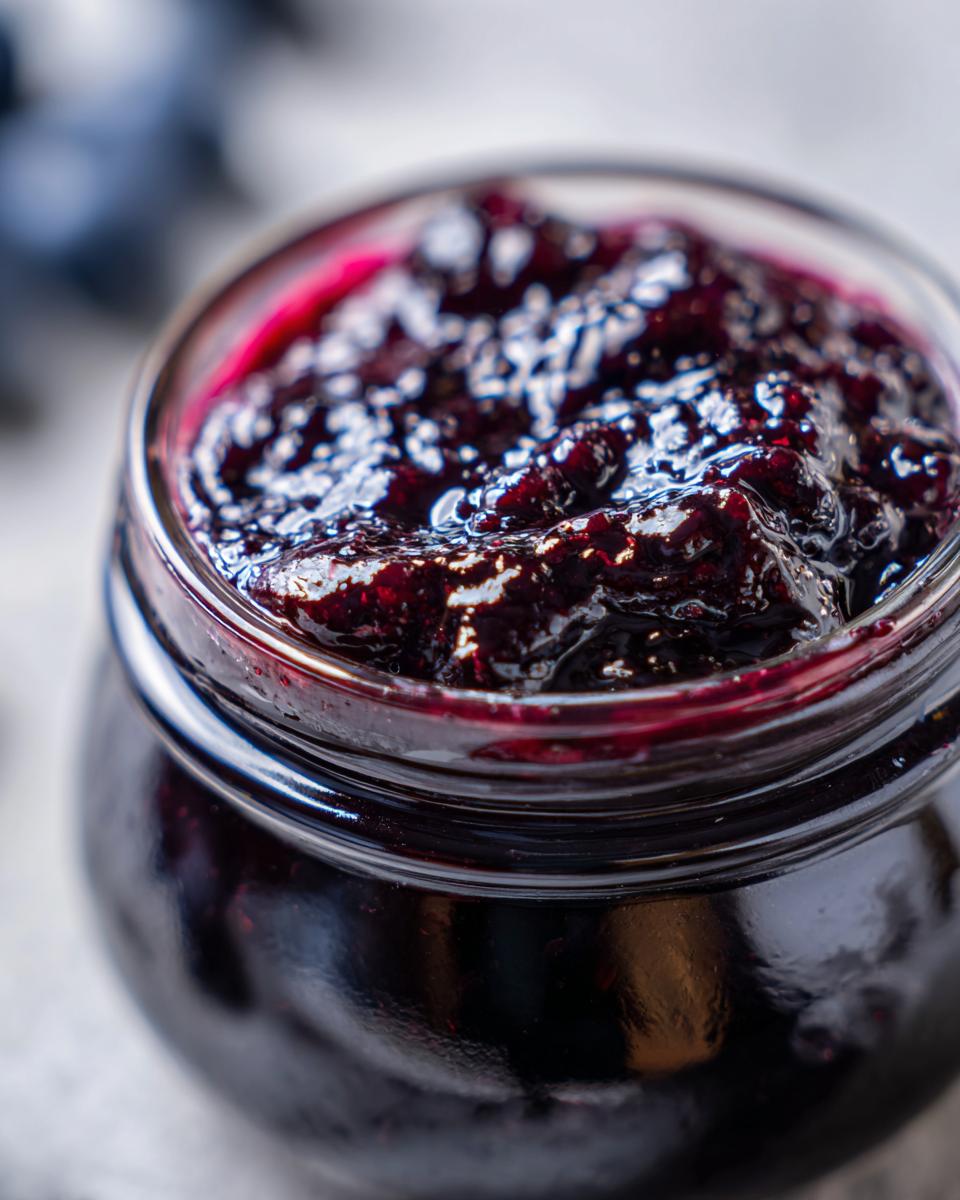 Close-up of a jar filled with glistening homemade blueberry jam, with fresh blueberries blurred in the background.