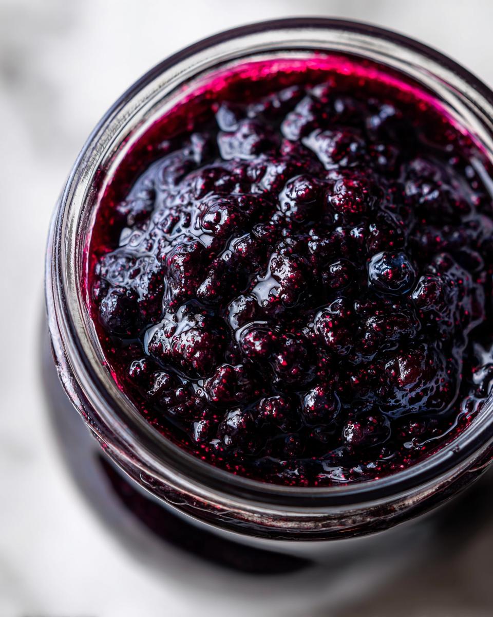 Close-up overhead view of thick, glistening blueberry jam filling a glass jar, showcasing whole berries and rich purple color.