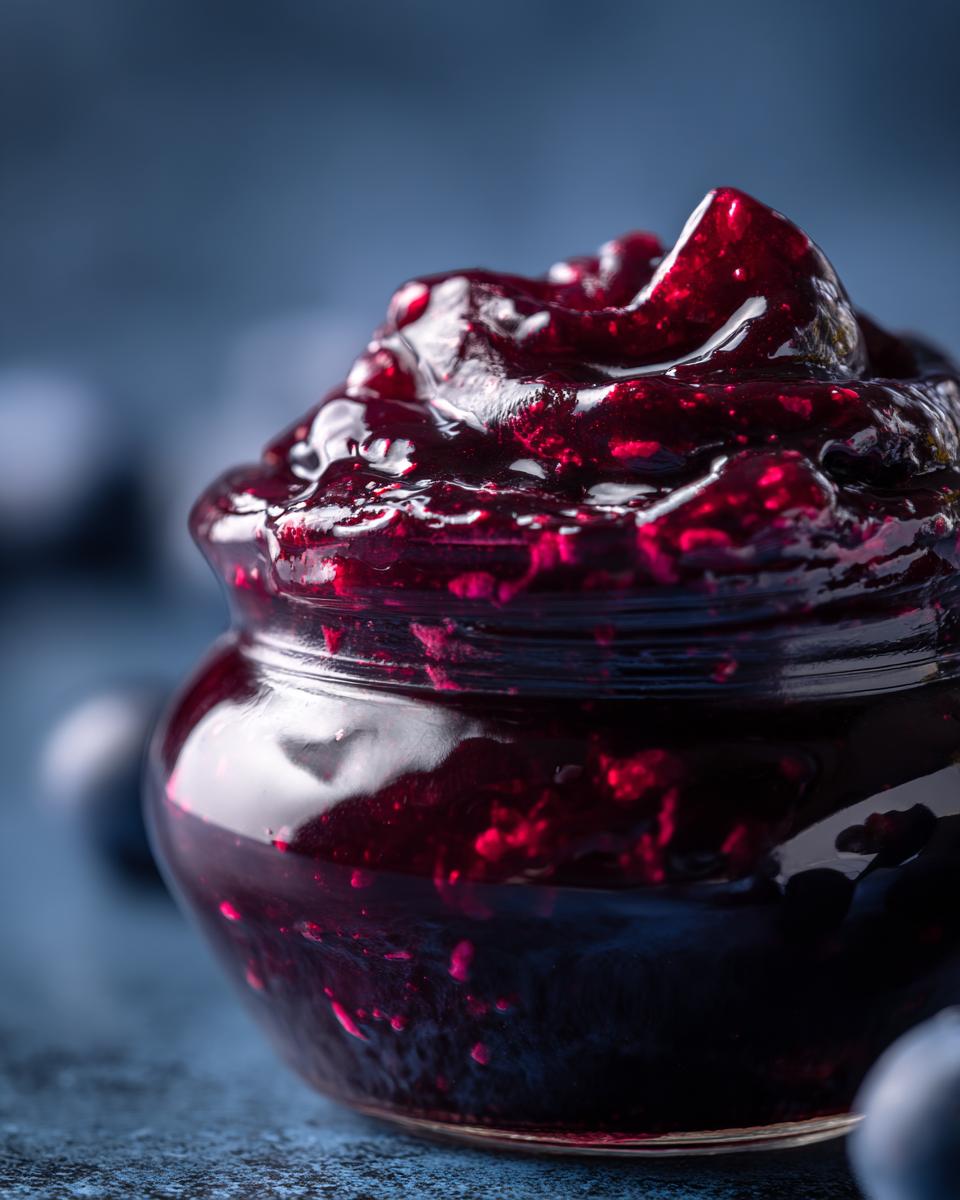 Close-up of glistening homemade Blueberry Jam piled high in a glass jar, with blueberries in the background.