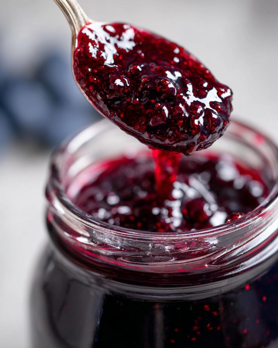 A spoonful of glistening homemade blueberry jam being lifted from a jar, with blueberries blurred in the background.