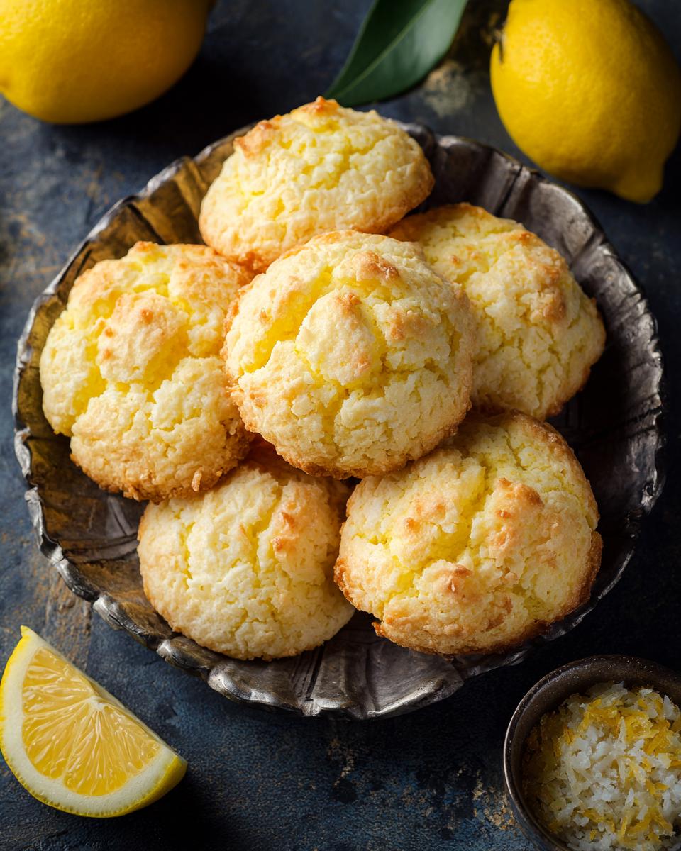 A pile of bright rigatoni bake cookies with lemon zest and a lemon slice on the side.