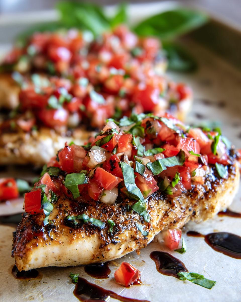 Close-up of a juicy Bruschetta chicken breast topped with diced tomatoes, basil, and a balsamic glaze.