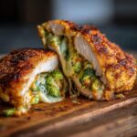Close-up of a stuffed chicken breast, cut in half, revealing melted cheese and broccoli inside. The chicken is golden brown and crispy.
