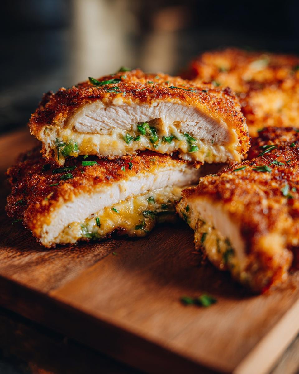 A close-up of a stuffed chicken breast, cut in half, revealing a cheesy Cajun salmon and shrimp filling with herbs.