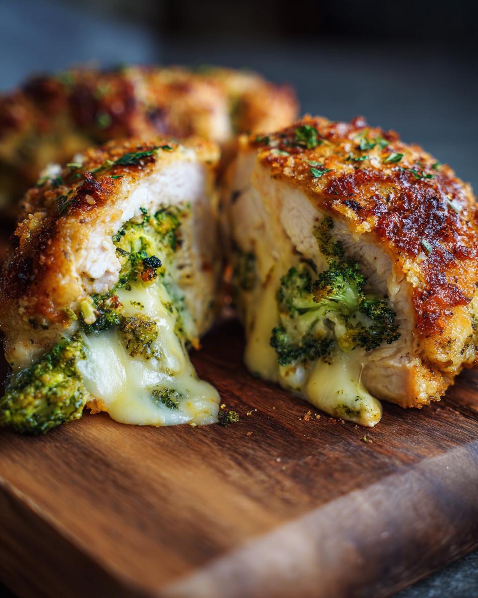 Close-up of a stuffed chicken breast, oozing with melted cheese and filled with broccoli, on a wooden board.