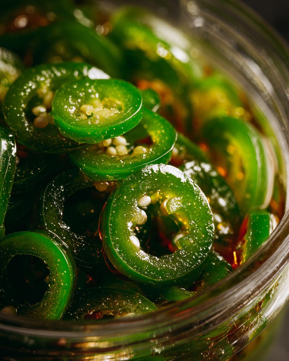Close-up of glistening, sliced candied jalapenos in a glass jar, showing their vibrant green color and seeds.