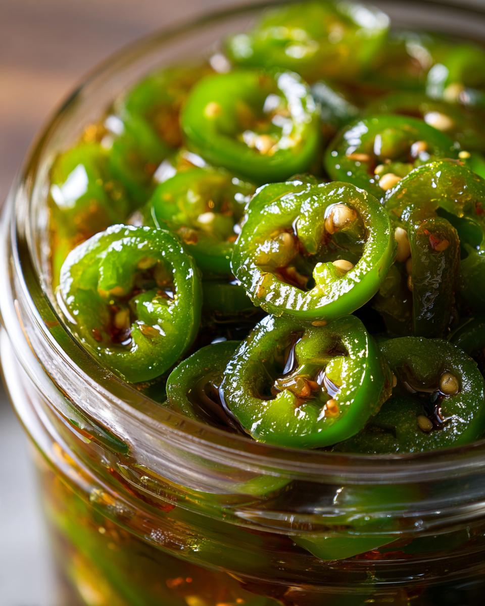 Close-up of bright green candied jalapenos sliced and submerged in a sweet syrup in a glass jar.
