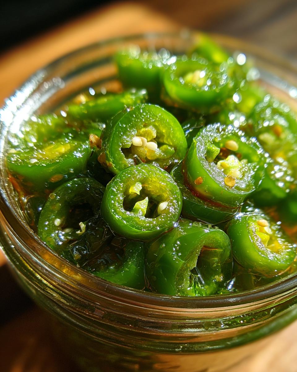 Close-up shot of bright green candied jalapenos sliced and submerged in a glistening syrup in a glass jar.