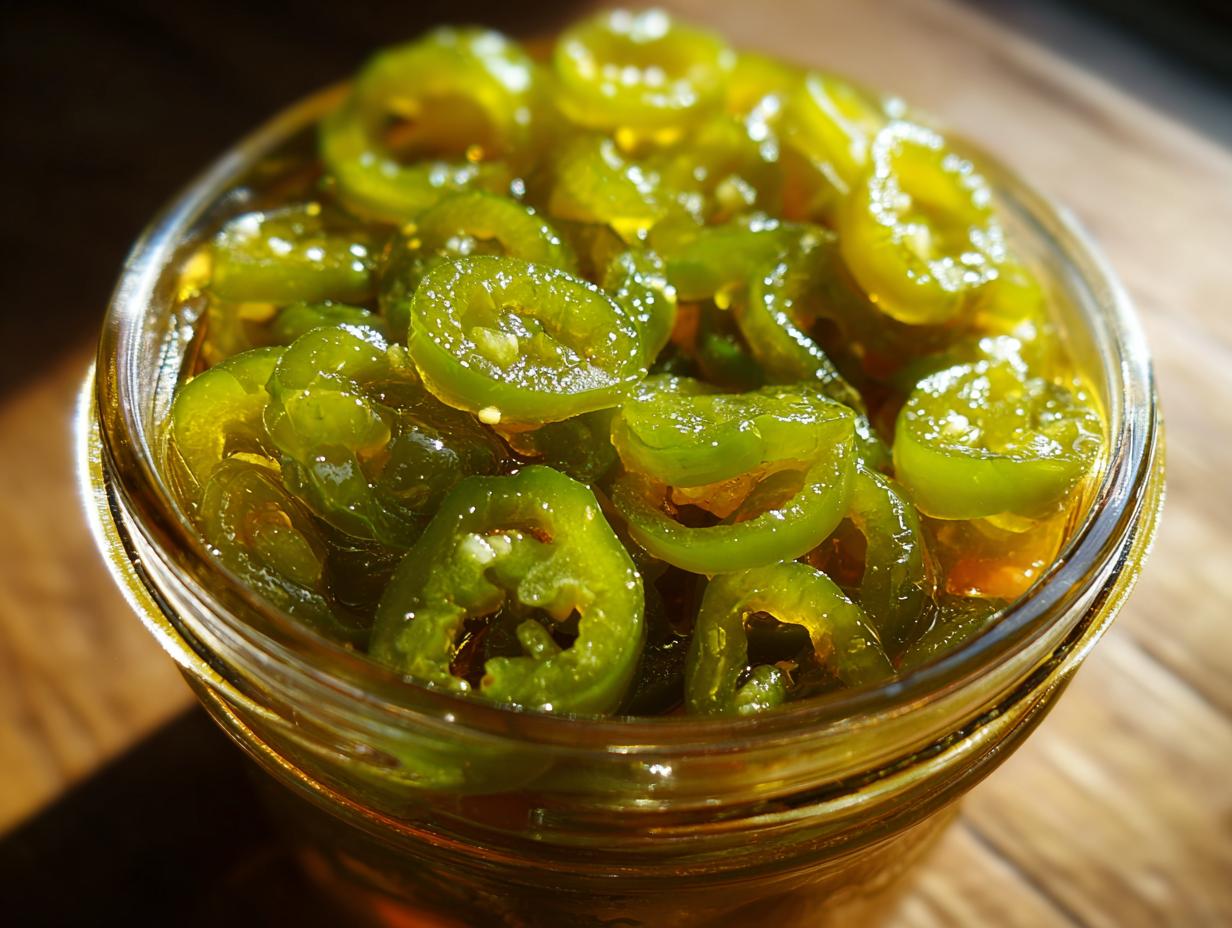 Close-up of a glass jar filled with glistening candied jalapenos, showcasing their sweet heat.
