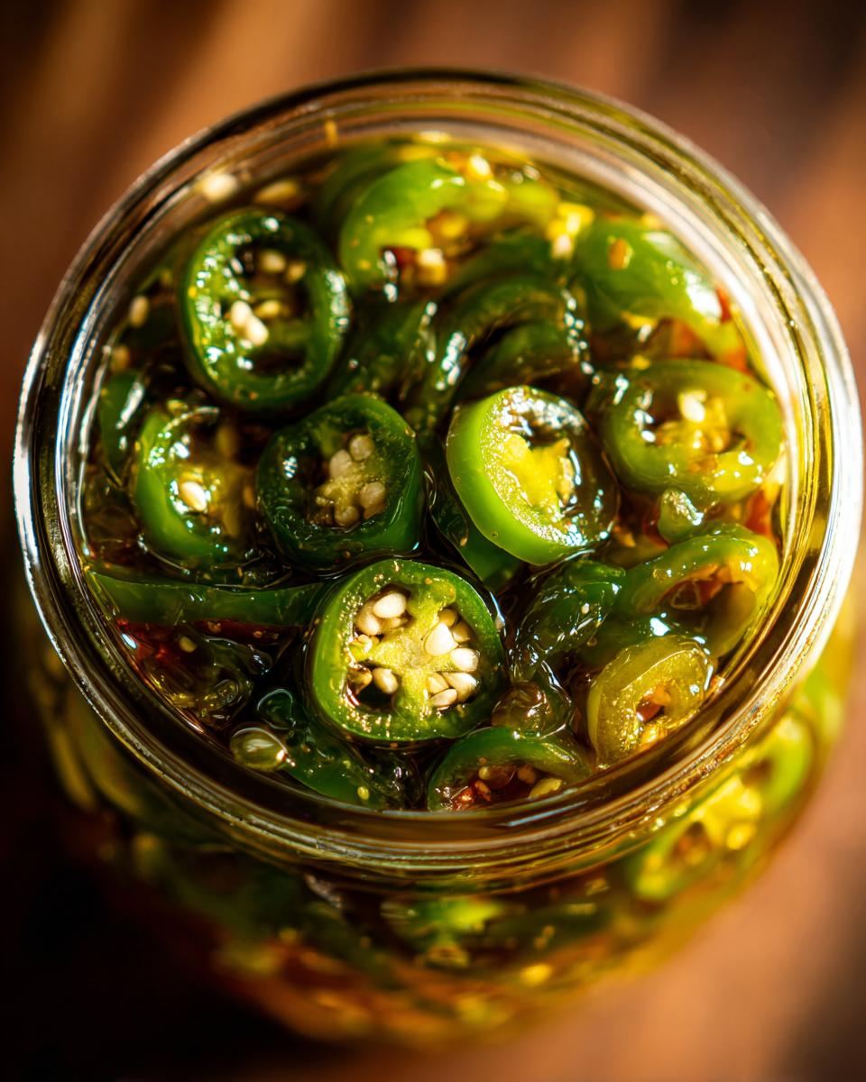 Close-up overhead view of a glass jar filled with glistening candied jalapenos in syrup.