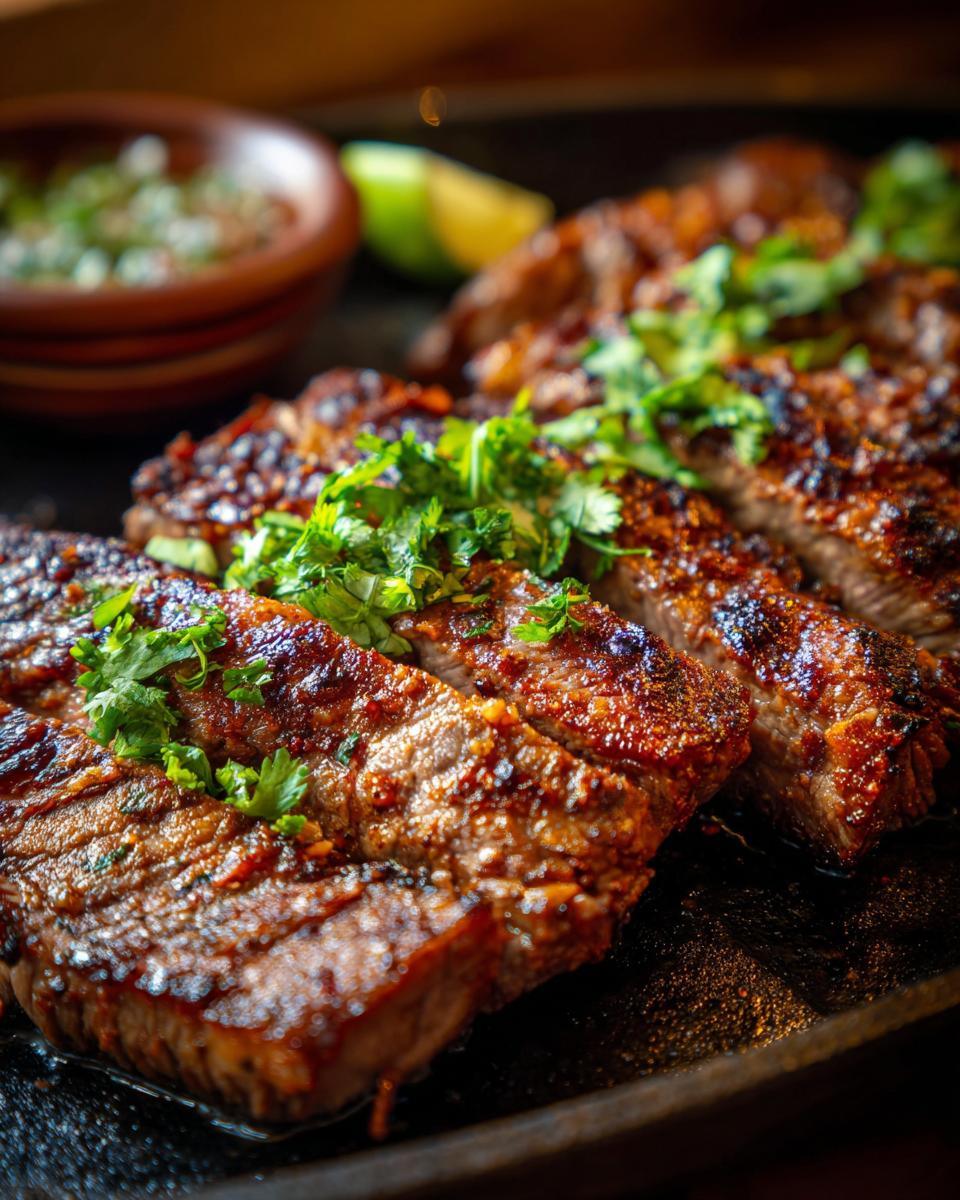 Close-up of sliced carne asada steak, grilled to perfection and topped with fresh cilantro.