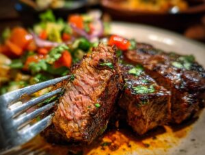 A fork piercing a perfectly cooked slice of carne asada steak, showcasing its juicy interior and rich marinade.