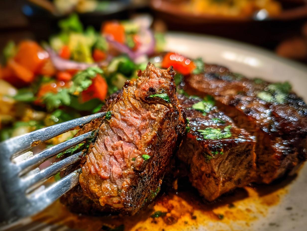 A fork piercing a perfectly cooked slice of carne asada steak, showcasing its juicy interior and rich marinade.