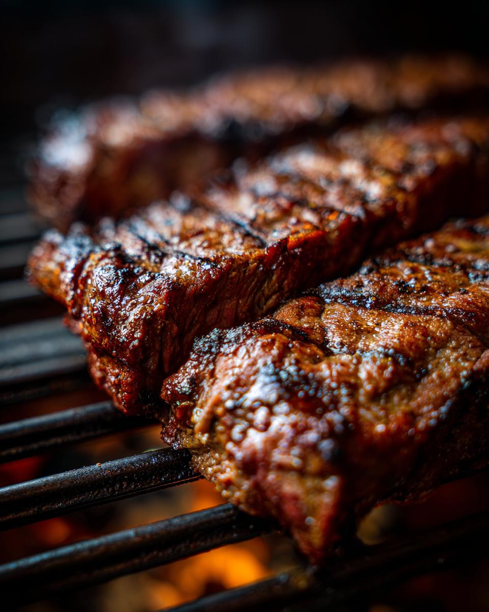 Close-up of juicy steak grilling with grill marks, showcasing the result of a flavorful carne asada marinade.