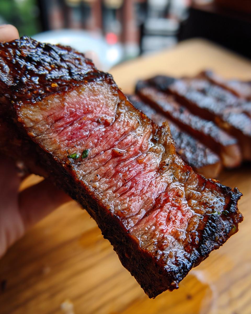 Close-up of a perfectly cooked slice of steak, showcasing the juicy interior and charred exterior, prepared with carne asada marinade.