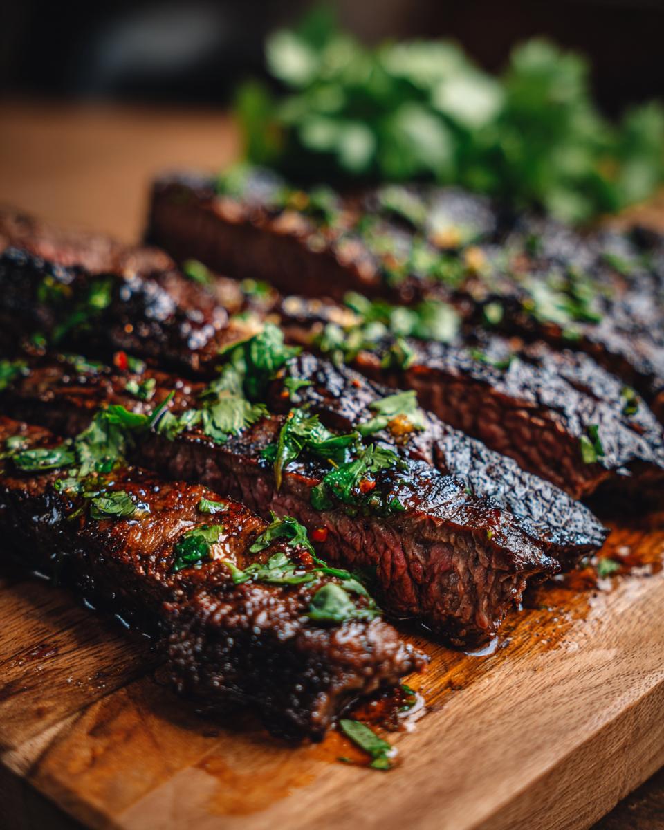 Close-up of perfectly grilled carne asada steak slices, glistening with marinade and topped with fresh cilantro.