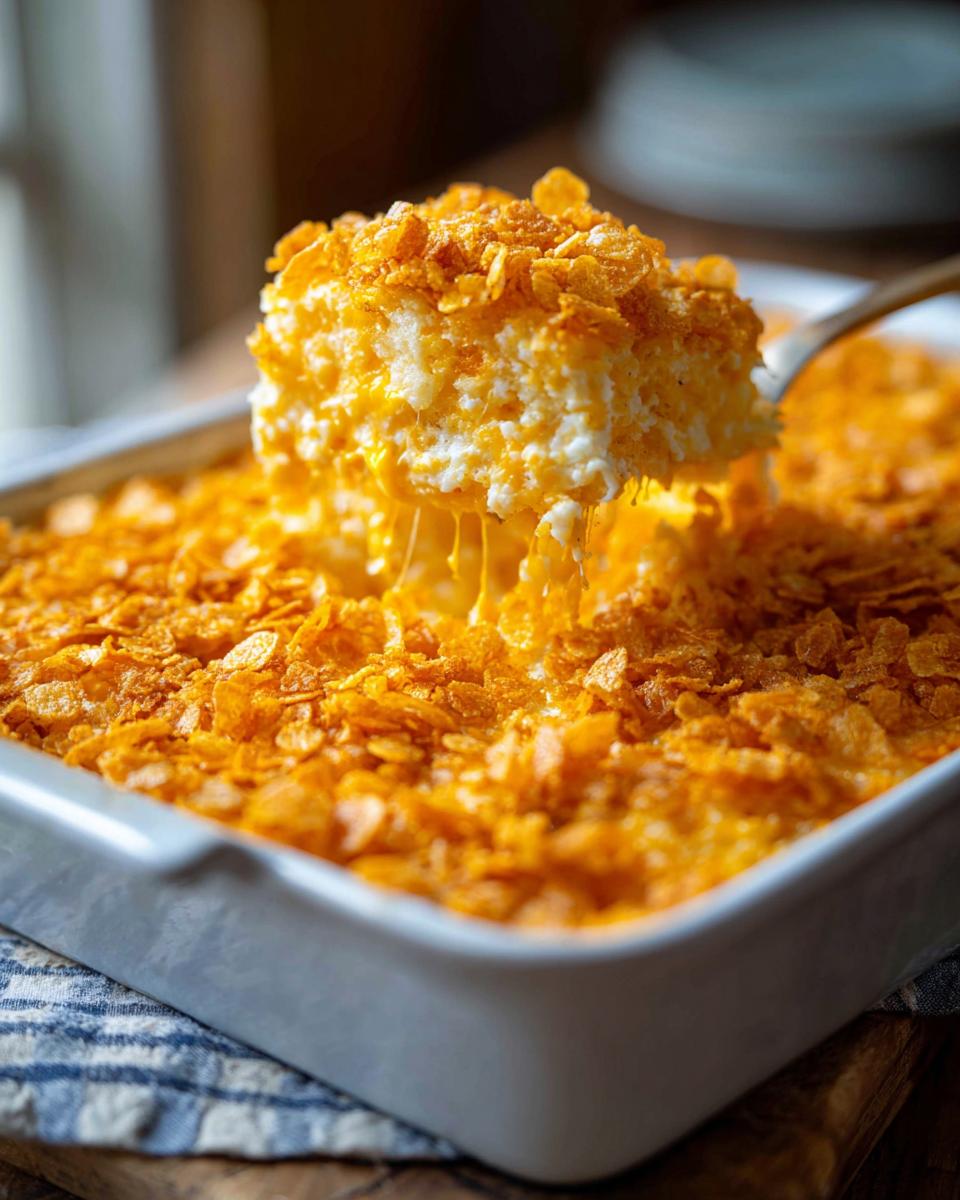 A serving spoon lifts a cheesy portion of hashbrown casserole, revealing melted cheese and a crunchy cornflake topping.