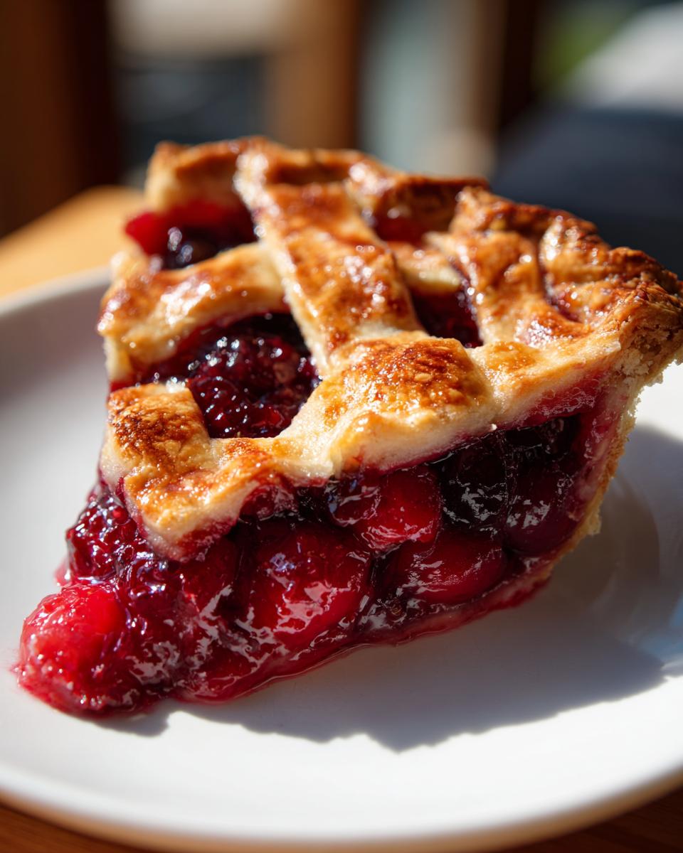 A close-up shot of a slice of cherry pie, showcasing a thick, juicy cherry filling and a golden lattice crust.