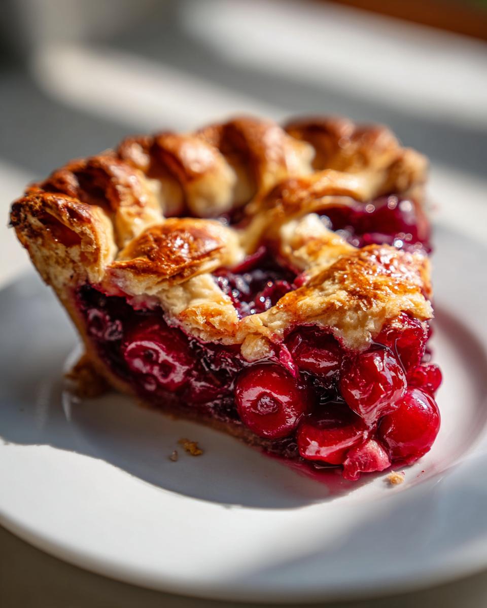 A close-up of a thick slice of homemade cherry pie, showcasing a flaky crust and abundant cherry filling.