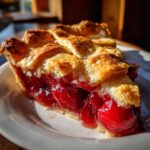 A close-up of a slice of homemade cherry pie on a white plate, showcasing a thick, juicy cherry filling and golden lattice crust.