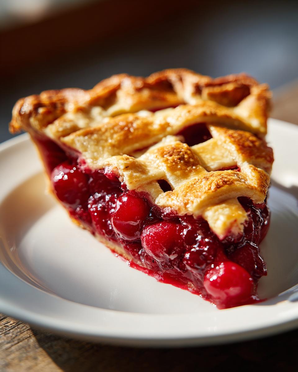 A close-up shot of a thick slice of cherry pie with a lattice crust, showcasing the juicy cherry filling.