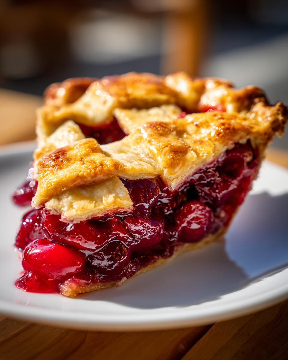 A close-up of a slice of delicious cherry pie with a thick, glistening cherry filling and a golden lattice crust.