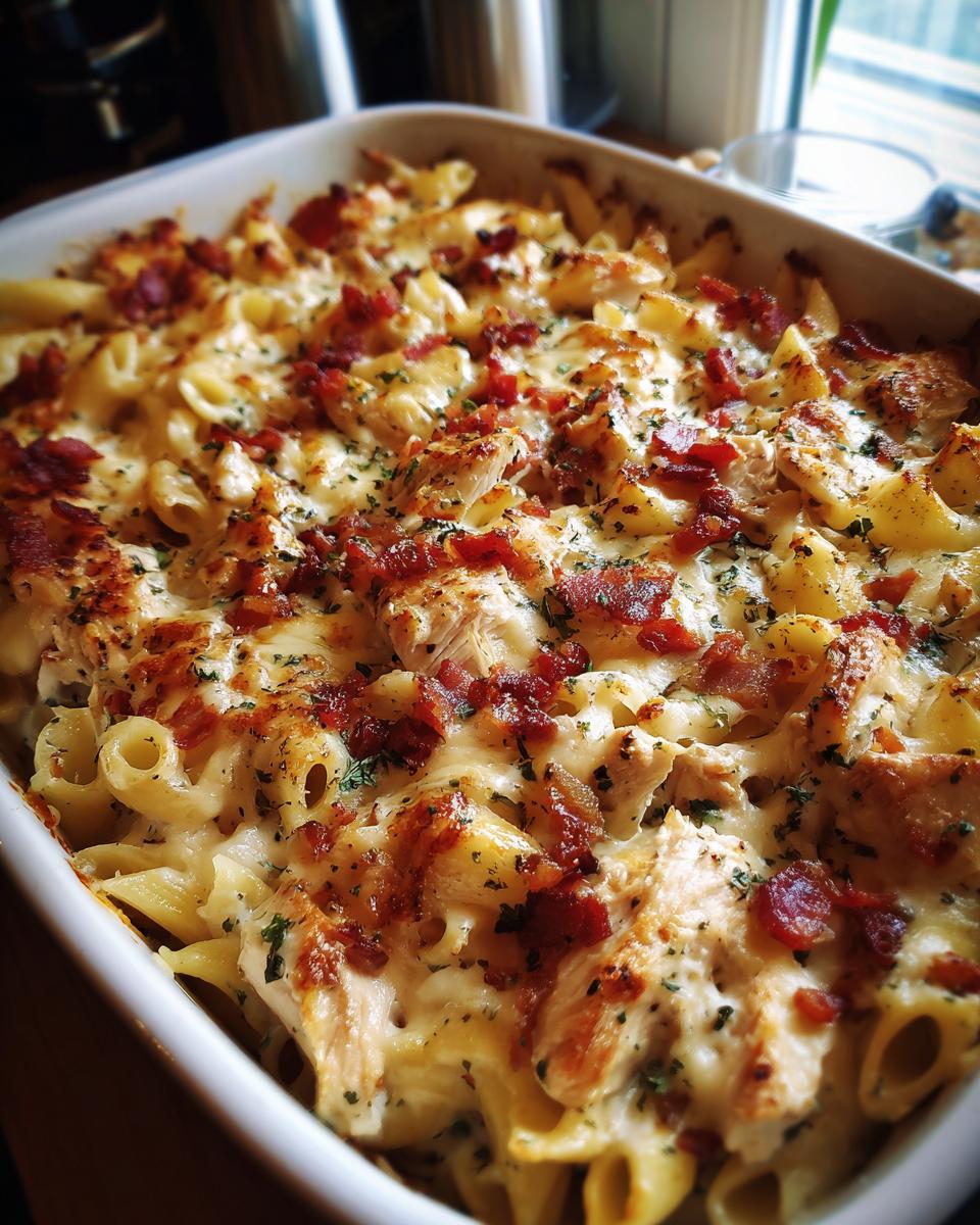 A close-up of a freshly baked Chicken Bacon Ranch Casserole in a white baking dish, topped with melted cheese and crispy bacon.