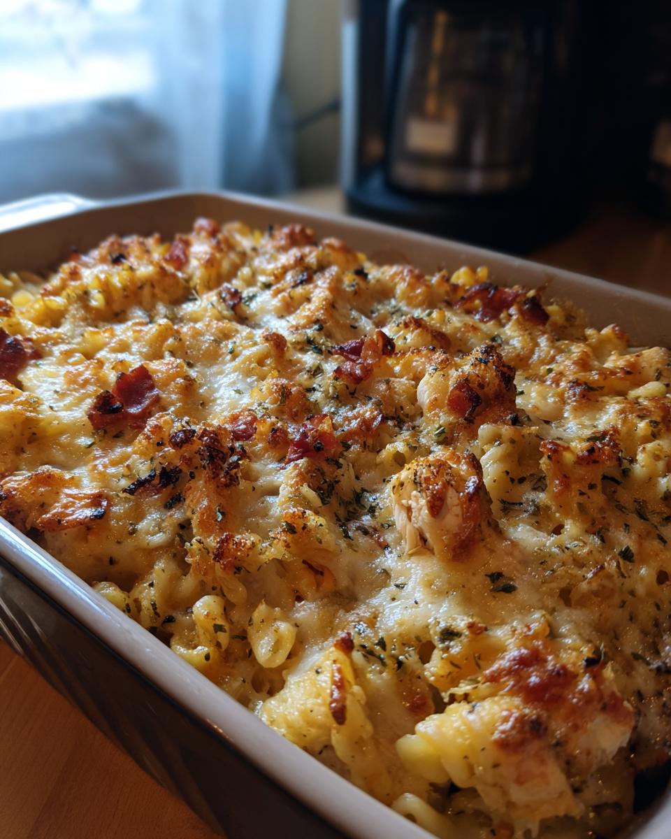 A close-up of a bubbling Chicken Bacon Ranch Casserole in a baking dish, topped with melted cheese and bacon.