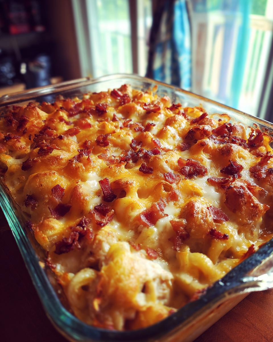A close-up of a freshly baked chicken bacon ranch casserole in a glass dish, topped with melted cheese and crispy bacon.