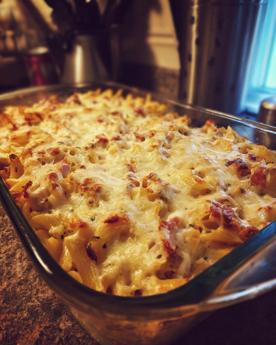 Close-up of a golden brown Chicken Bacon Ranch Casserole topped with melted cheese in a glass baking dish.