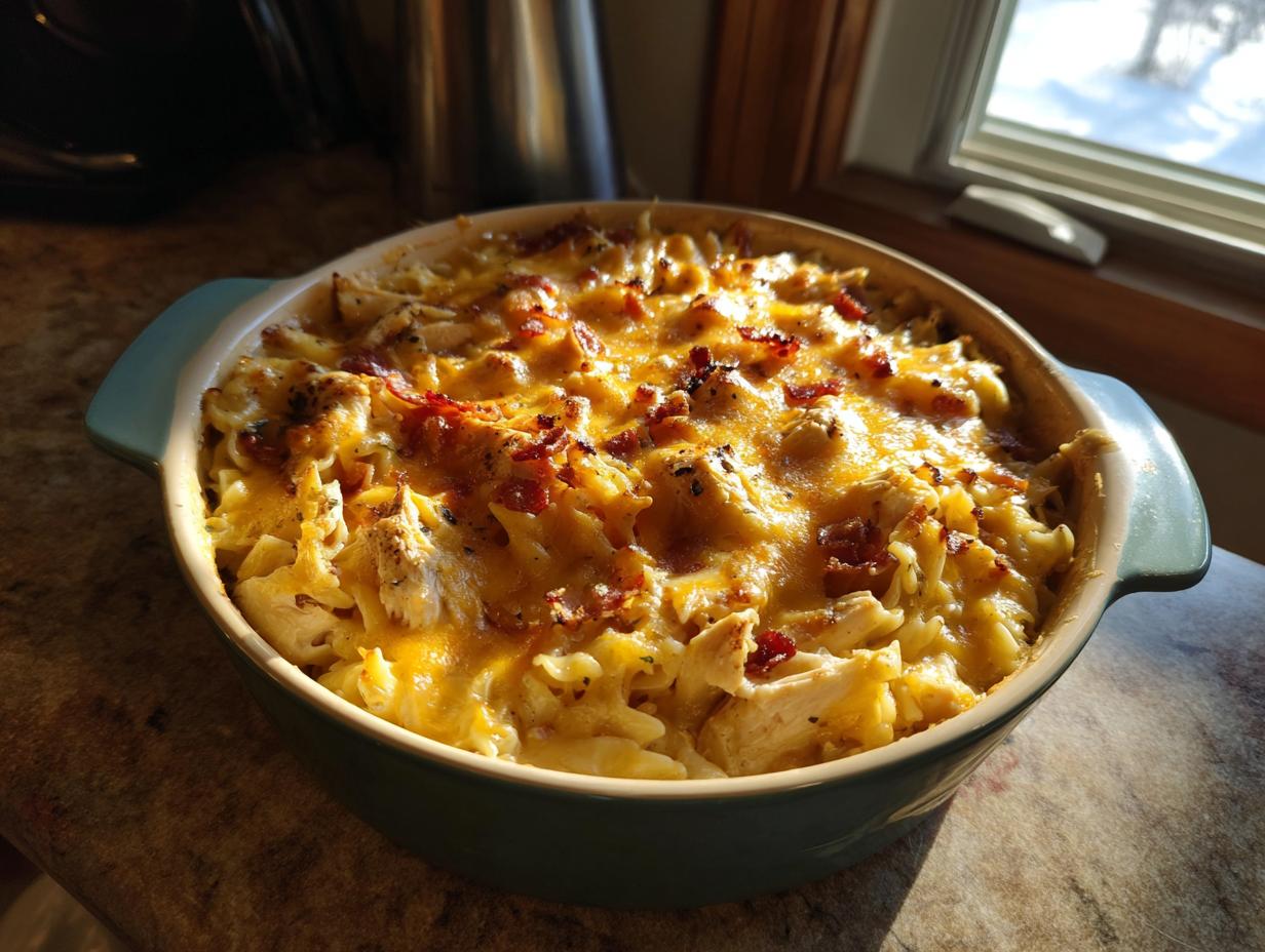 A freshly baked Chicken Bacon Ranch Casserole in a green dish, topped with melted cheese and crispy bacon bits.