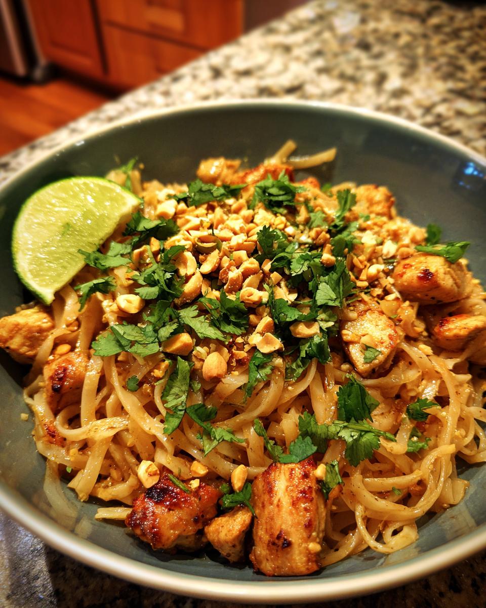 A close-up of a bowl of Chicken Pad Thai, featuring rice noodles, chicken pieces, chopped peanuts, cilantro, and a lime wedge.