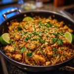 A close-up of a pan filled with Chicken Pad Thai, garnished with chopped peanuts, cilantro, and lime wedges.